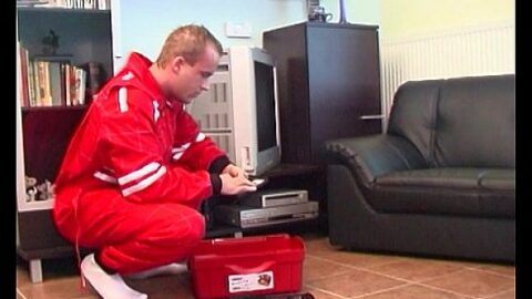 TV Repairman Seduced By Busty Blonde Horny Grandma