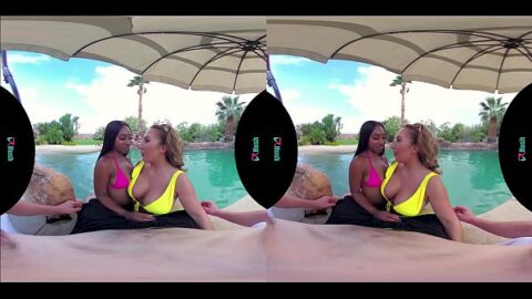 Interracial threesome with a hot milf and ebony teen in virtual reality