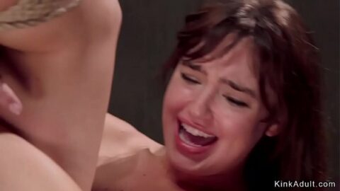 Small tits brunette trainee in bent forward bondage gets mouth fucked then master with big dick anal fucks her in threesome