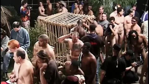Busty black whore gets her pussy banged hard by many dicks