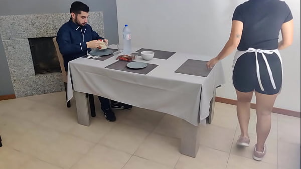 Waitress fucks with the client under the table and fills her creamy pussy with sperm