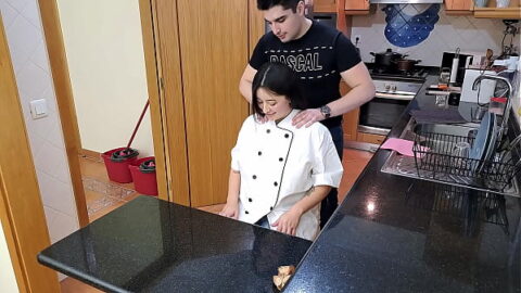 Private chef in high heels is seduced with a massage and gets internal cumshot