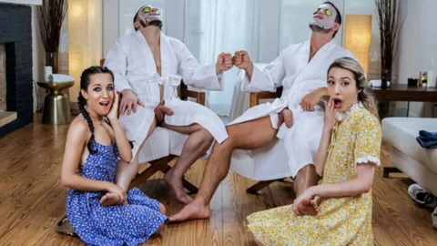 DaughterSwap – Horny Babes Drools Over Their Stepdads Oiled Body Offers Them help To Release Tension