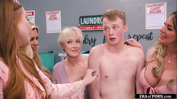 Five big tits milfs decide to give a clueless guy a helping hand with the laundry.The cougars take off his shorts and give him a deepthroat blowjob