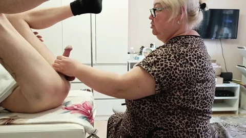 The neighbor plays with my dick with her hands and mouth until I cum