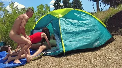 A husband and two strangers fuck a slutty slut hard in a tent and cum in her mo