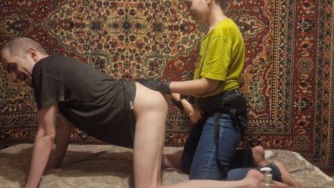 Russian beautiful girl fucking a slave strapon anal submission man amateur homemade Sasha Earth