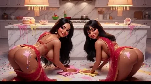 Curvy Women in Traditional Attire Clean Kitchen Floor