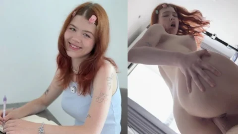 Redhead Teen 18 y.o. stepdaughter gets cream pie after oil  Massage.