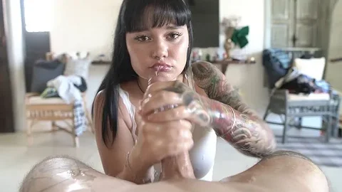 Tattooed Brunette’s Intense POV Blowjob