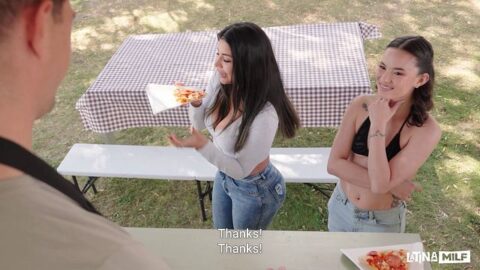 Two Thick Latinas Share a Double Blowjob and Get Fucked Outdoors in a FFM Threesome by the Pool