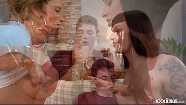 Charlie Valentine lets her stepson experience creampie.With her bff Aderes Quin,the milfs suck his cock.The guy fucks his stepmom and cums inside her.