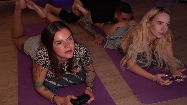I fuck my stepsister and her nerdy friend on the floor while they play video games