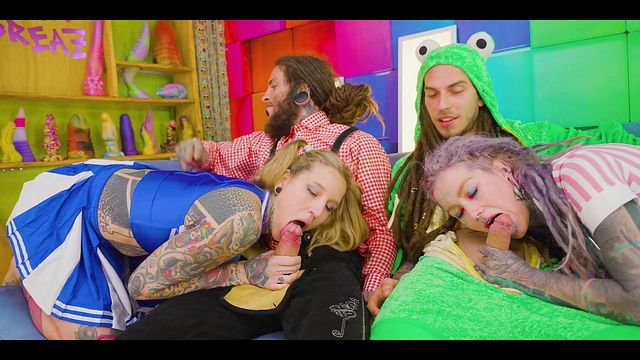 Naughty Tattooed Girls Double Anal – 2 Cocks vs 2 Holes Facial Finish