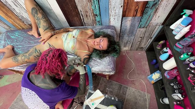 Behind The Scenes Tattoo Shop – Pussy Play While Getting Tattooed