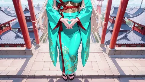 Blonde in Green Kimono Reads on Terrace
