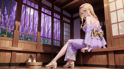 Blonde Kneeling Barefoot Under Red Torii Gate