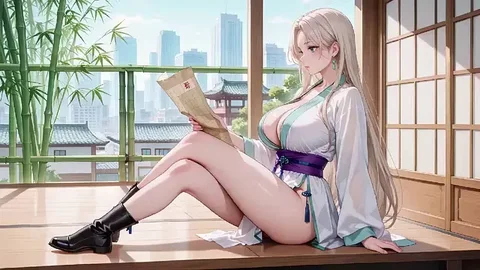 Kneeling Maid in Sunlit Corridor
