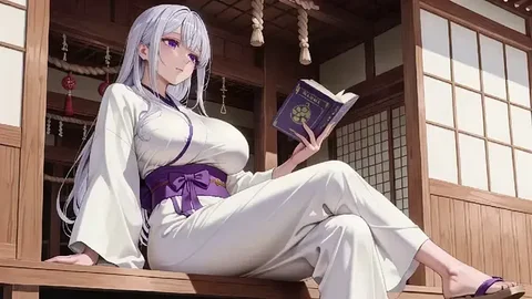 Silver-Haired Miko in Half-Open Kimono