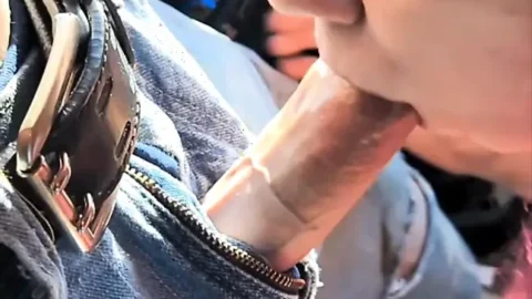 Sexy purple haired girlfriend worships my cock in the car