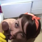 Slim Tattooed Brunette Licks His Balls Then Deepthroats Him at the Sink
