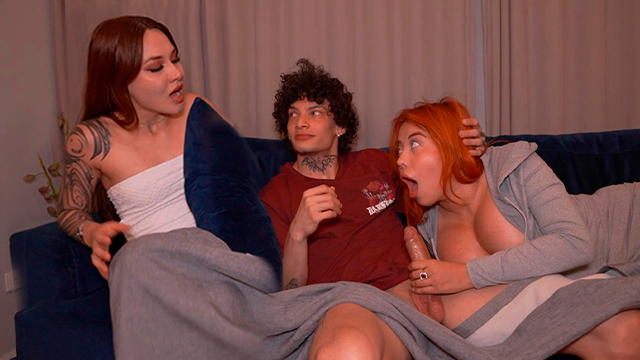 Threesome with my stepson and his girlfriend after she caught me sucking his dick